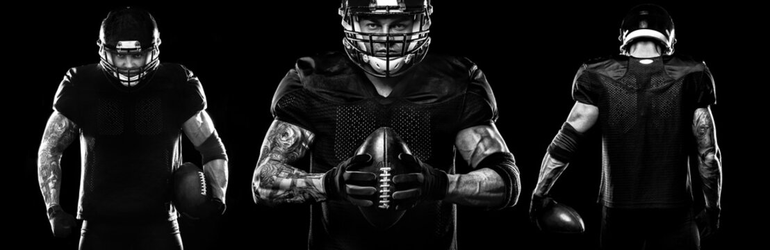 Sport concept. American football sportsman player on black background. Sport concept.
