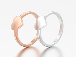 3D illustration two silver and gold engagement wedding heart rings