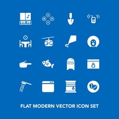 Modern, simple vector icon set on blue background with telephone, shower, sign, play, shovel, seafood, post, letter, water, music, website, fun, note, sound, bath, mail, caffeine, computer, pot icons