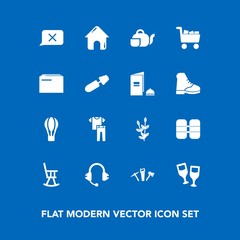 Modern, simple vector icon set on blue background with teapot, shirt, business, estate, house, tea, drink, alcohol, grain, wheat, building, beverage, balloon, commerce, cylinder, repair, oxygen icons
