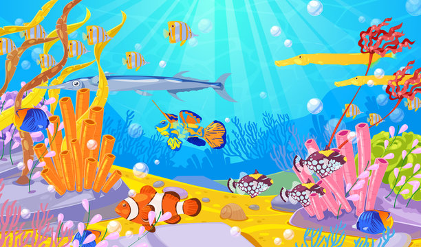 Underwater marine life, vector cartoon illustration. Ocean or sea bottom with colorful fishes, coral reefs and seaweeds.