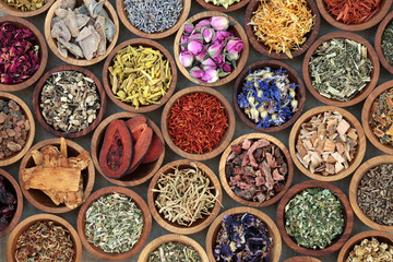 Herbal medicine used in alternative remedies with a variety of dried herbs and flowers in wooden bowls. Top view.