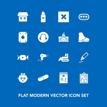Modern, simple vector icon set on blue background with cute, hairdryer, lollipop, closed, sad, industry, pill, sign, building, house, child, government, construction, sweet, perfume, home, menu icons
