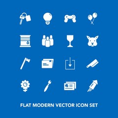 Modern, simple vector icon set on blue background with cutlery, paint, bulb, automobile, celebration, document, birthday, download, brush, event, graph, nature, report, web, vehicle, paper, sign icons