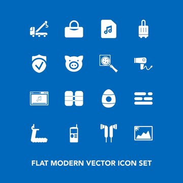 Modern, simple vector icon set on blue background with tow, sport, cylinder, truck, check, swine, layout, business, template, accident, mobile, gym, picture, car, treadmill, online, vintage, bag icons