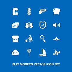 Modern, simple vector icon set on blue background with glass, plane, caffeine, station, handgun, wind, food, technology, travel, music, space, drink, flight, light, house, business, gun, green icons