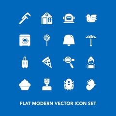 Modern, simple vector icon set on blue background with business, travel, house, fiction, doughnut, fashion, building, baggage, love, medical, repair, groom, research, wedding, science, warm, ufo icons
