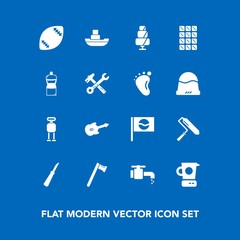 Modern, simple vector icon set on blue background with cake, knife, music, spanner, roller, cyborg, equipment, bathroom, android, travel, vessel, tool, sea, hammer, dessert, sink, musical, water icons