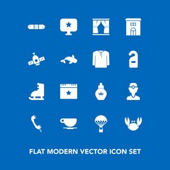 Modern, simple vector icon set on blue background with ice, estate, business, star, dental, building, drink, cafe, real, computer, jump, perfume, communication, parachuting, crab, winter, fresh icons