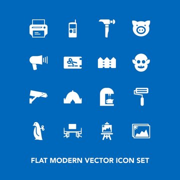 Modern, simple vector icon set on blue background with photo, safety, machine, children, business, phone, desk, roller, office, technology, art, travel, image, espresso, baby, telephone, work icons