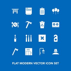 Modern, simple vector icon set on blue background with privacy, spanner, wrench, shrine, knife, shower, elevator, bin, label, celebration, tool, equipment, fork, office, torii, spaceship, japan icons