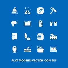 Modern, simple vector icon set on blue background with location, house, food, loudspeaker, camp, communication, adventure, glass, board, book, speaker, cook, travel, internet, brush, black, tent icons