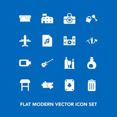 Modern, simple vector icon set on blue background with musical, olive, comfortable, clean, mediterranean, home, garbage, music, trash, puzzle, sign, shovel, oil, guitar, armchair, game, plane icons
