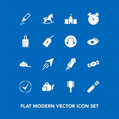 Modern, simple vector icon set on blue background with hat, festival, sweet, beauty, food, teapot, celebration, holiday, comb, care, kitchen, child, cap, white, stationery, pan, office, beverage icons