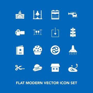 Modern, simple vector icon set on blue background with camera, fitness, cake, bike, bicycle, kitchen, favour, science, city, research, space, download, transport, dessert, photography, ufo, web icons