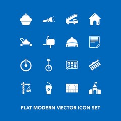 Modern, simple vector icon set on blue background with cup, hammer, flashlight, business, off, shape, sweet, estate, medieval, lawn, cake, circus, restaurant, chinese, switch, dessert, theater icons