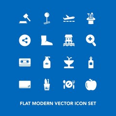 Modern, simple vector icon set on blue background with map, fork, water, beverage, education, plate, airport, fountain, architecture, judge, soap, healthy, art, audio, bottle, toothpaste, dental icons