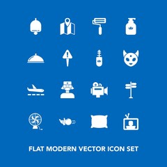 Modern, simple vector icon set on blue background with hygiene, bottle, location, air, roller, nurse, roll, fan, screen, pin, clean, ball, travel, street, fun, health, map, alarm, medical, tv icons