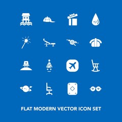 Modern, simple vector icon set on blue background with interior, magic, celebration, present, play, astronaut, science, fashion, sunglasses, exploration, box, comfortable, clown, fun, wand, game icons