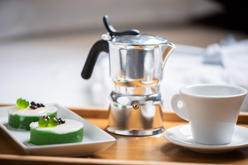Breakfast in hotel bedroom