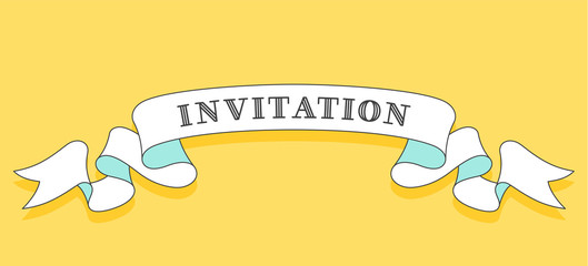 Invitation. Vintage trendy ribbon with text Invitation on color background. Colorful old banner with ribbon, hand-drawn element for design - banners, posters, gift cards. Vector Illustration