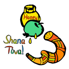 Shofar on Rosh Hashanah. Sketch, doodle, hand draw. Lettering inscription translated Shana Tova Happy Rosh Hashanah. honey, apple. Vector illustration on isolated background.