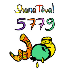 Shofar on Rosh Hashanah. Sketch, doodle, hand draw. Lettering inscription translated Shana Tova Happy Rosh Hashanah. 5779, honey, apple. Vector illustration on isolated background.