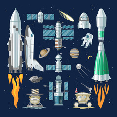 Rocket vector spaceship or spacecraft and satellite or lunar-rover illustration spacy set of spaced ship in universe space with planets isolated on background © partyvector