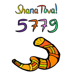 Shofar on Rosh Hashanah. Sketch, doodle, hand draw. Lettering inscription translated Shana Tova Happy Rosh Hashanah. 5779, Vector illustration on isolated background.
