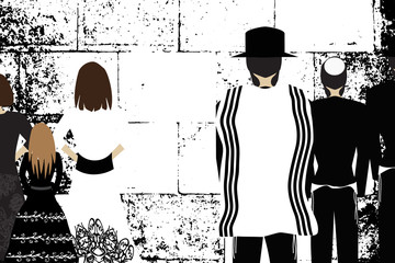 Western Wall, Jerusalem. The Wailing Wall. Religious Jewish Hasidim in hats and talith and women pray. Black and white vector illustration.