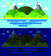 Summer vector illustration set Beach day and night, modern flat design conceptual landscapes with sea, beach, hills and mountains. - 205206412