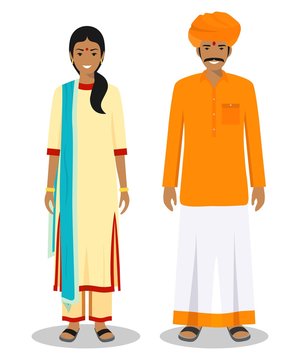Set of standing together indian man and woman in the traditional clothing isolated on white background in flat style. Differences people in the east dress. Vector illustration.