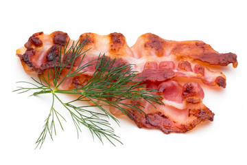 Cooked bacon rashers isolated on white.