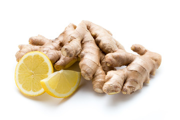 Ginger bio and lemon on white background.