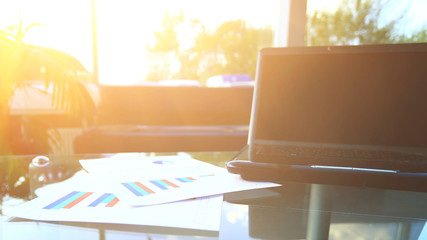 Closeup photo of a laptop computer with an open top, workplace businessman. Blank Screen