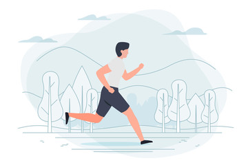 Vector illustration - running man. Park, forest, trees and hills on background. Banner, poster template with place for your text.