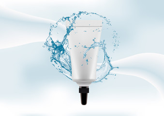 Advertising magazine page,Splash of water.Package for cosmetic products tube for concealer,cream,foundation.Realistic container isolated on abstract stylish gradient background.Vector illustration.