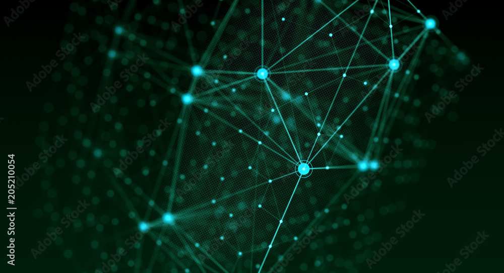 Poster Block chain network/Block chain network concept. Distributed register technology, background made of line, circles  and particles