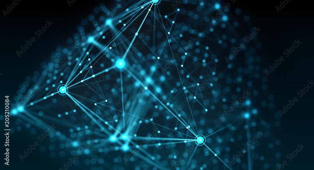 Poster Block chain network/Block chain network concept. Distributed register technology, background made of line, circles  and particles