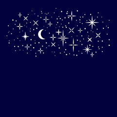 White shiny stars and moon on dark blue sky, childish cartoon illustration, vector