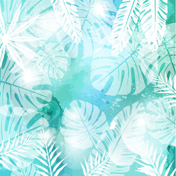 Leaves on Green Watercolor Background