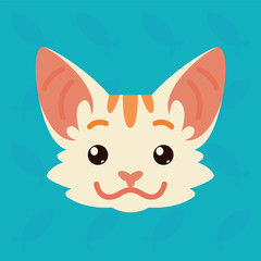 Cat emotional head. Vector illustration of cute kitty shows positive emotion. Smile emoji. Smiley icon. Print, chat, communication. White cat with red stripes in flat cartoon style on blue background.
