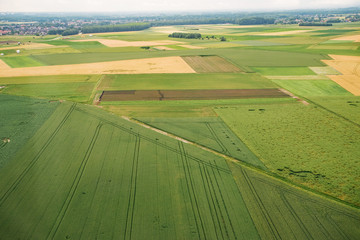 Bird eye view of land farmland and nature landscape. Aerial photography of agriculture fields in countryside.