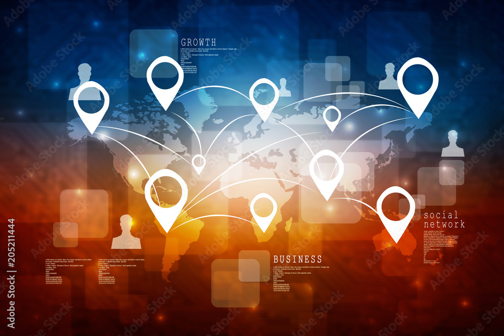 Fototapete 2d rendering red map pointer with world map