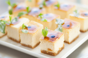 Appetizing cheesecake with mint leaves.