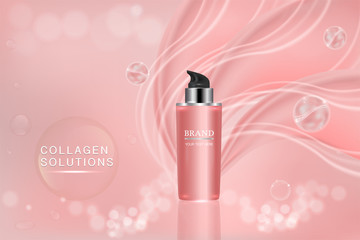 Beauty product, pink cosmetic container with advertising background ready to use, luxury skin care ad, vector illustration.