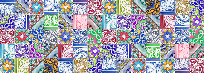Composition of typical portuguese decorations with colored ceramic tiles called -azulejos- It's a...