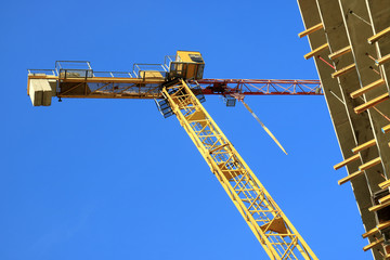 An image of a tower crane against the background of a house under construction.