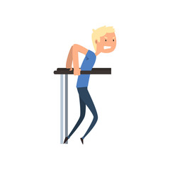 Disabled man exercising on uneven bar, medical rehabilitation, remedial gymnastics vector Illustration on a white background.