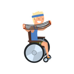 Disabled man in wheelchair exercising with shoulder expander, medical rehabilitation, remedial gymnastics vector Illustration on a white background